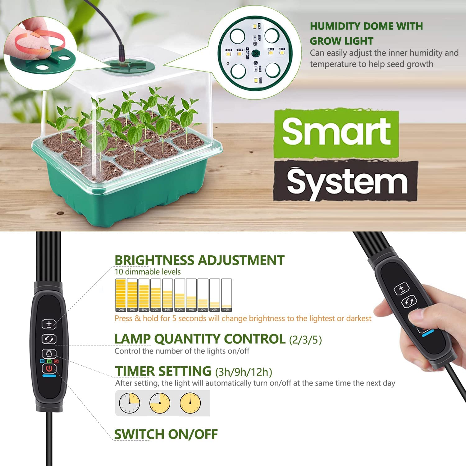 Upgraded Seed Starter Tray Grow Light with Adjustable Brightness Humidity for Indoor Seed Growing Germinating Propagation