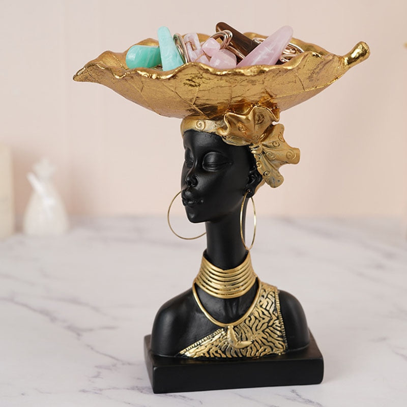 Resin Black African Woman Storage Figurines for Interior Exotic Figure Statues Desktop Entrance Keys Container Decor