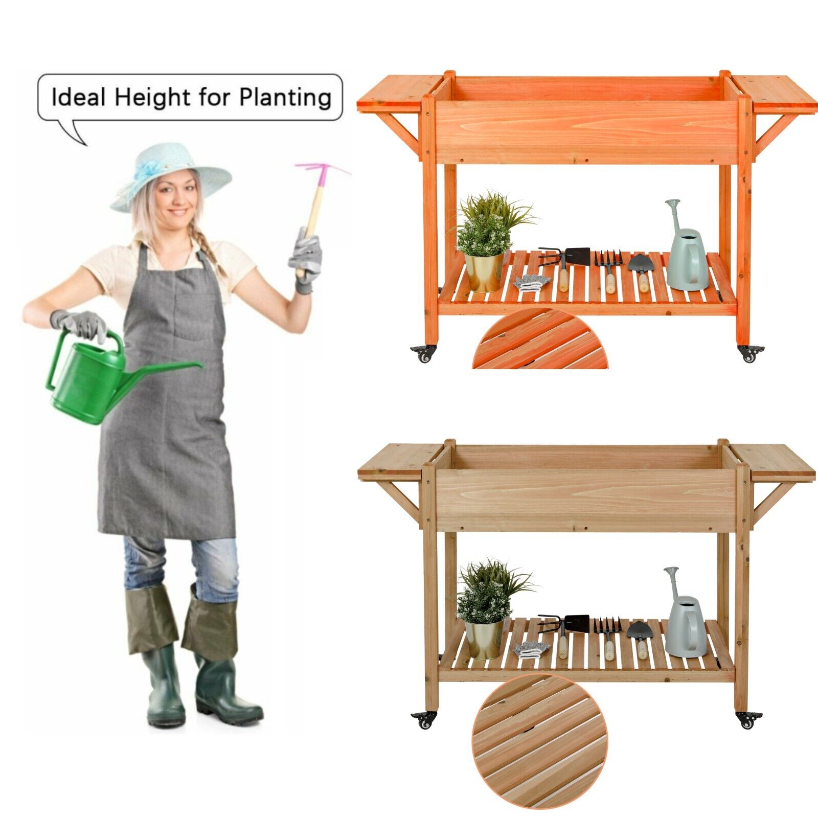 Raised Garden Bed on Wheels, Wood Planter Box W/ Side Table 2 Colors Out/ Indoor