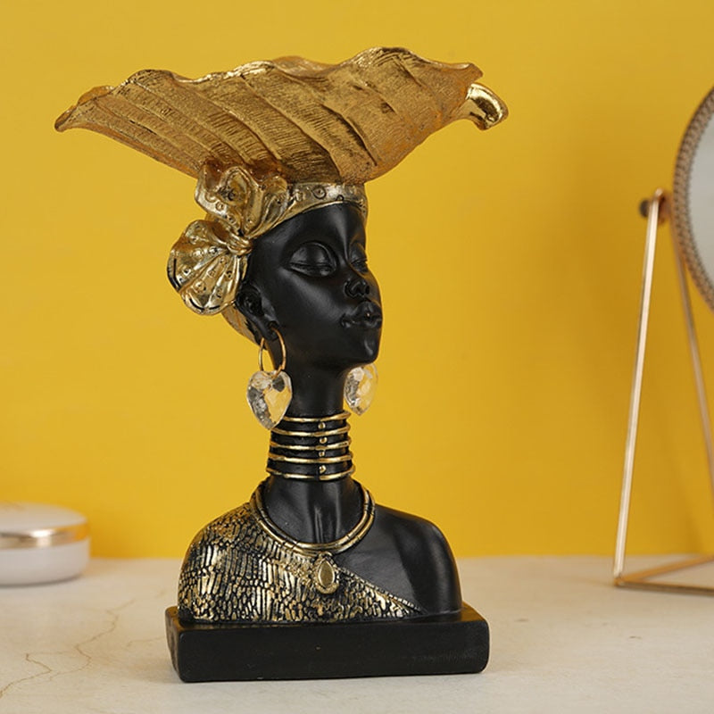 Resin Black African Woman Storage Figurines for Interior Exotic Figure Statues Desktop Entrance Keys Container Decor