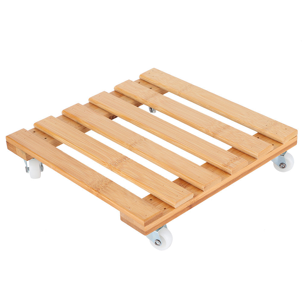 Bamboo Movable Potted Plant Flower Shelf Storage Rack Tray with Wheels for Outdoor Patio Garden