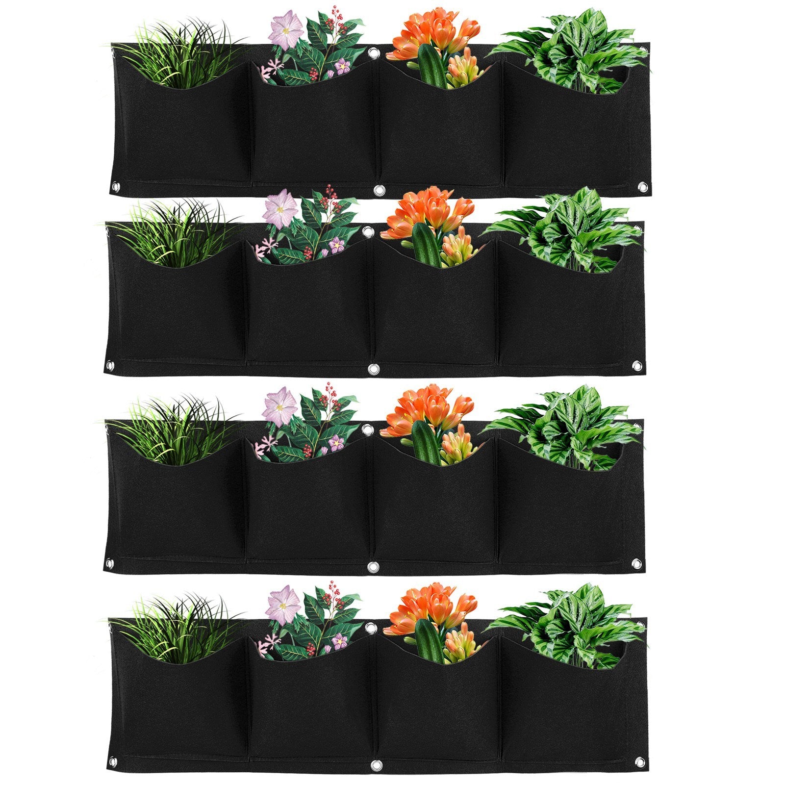 4Pcs 4 Pocket Plant Grow Bag Wall Mounted Reusable Degradable Felt Garden PlanterBlack