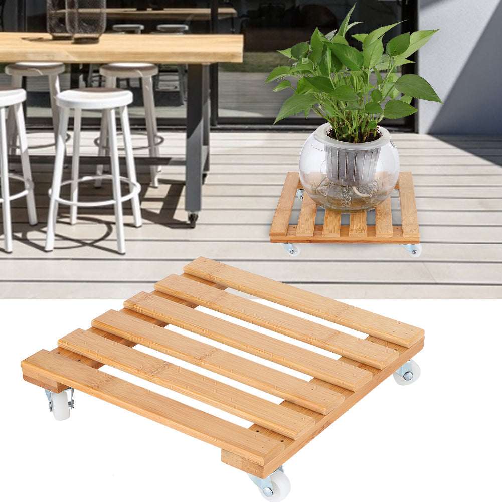 Bamboo Movable Potted Plant Flower Shelf Storage Rack Tray with Wheels for Outdoor Patio Garden