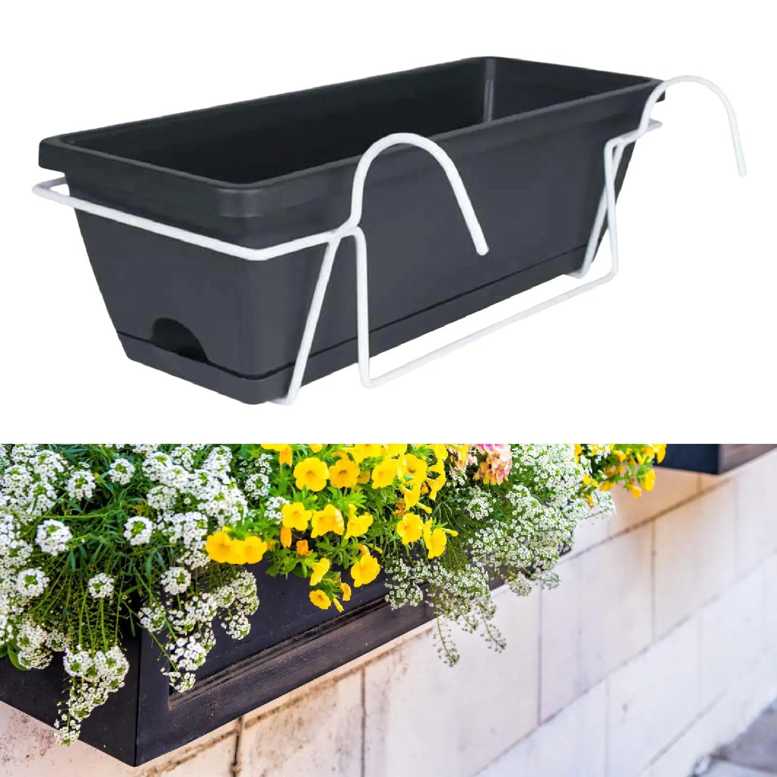 Balcony Railing Planter Plant Basket Fence Planter with Rack and Tray Flowerpot Window Box Planter for Deck Yard Countryside