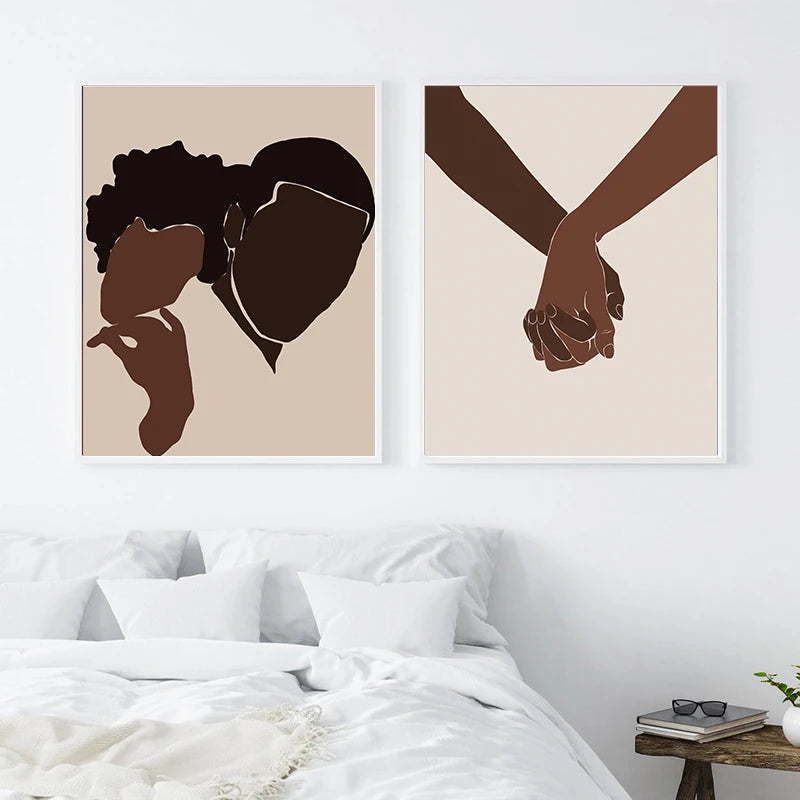 Black Woman Man Illustration Abstract Prints African American Couple Love Poster Boho Hands Canvas Painting Bedroom Home Decor