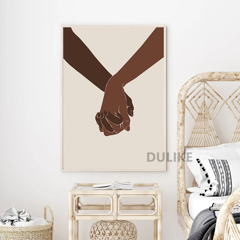 Black Woman Man Illustration Abstract Prints African American Couple Love Poster Boho Hands Canvas Painting Bedroom Home Decor