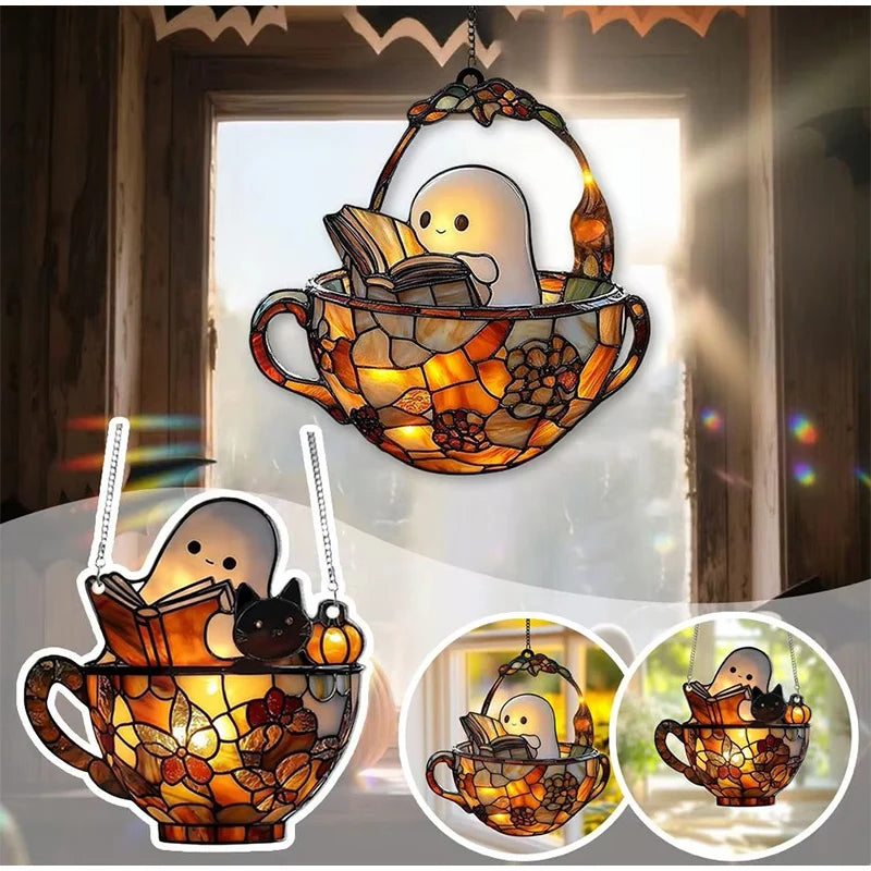 Halloween Ghost Reading Book Hanging Decor Acrylic Window Hanging Ornament Garden Decoration Props Halloween Party Decoration