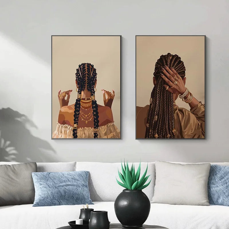 African American Black Woman Poster Cool Girl Hairstyle and Gold Jewelry Canvas Painting Wall Art for Living Room Home Decor