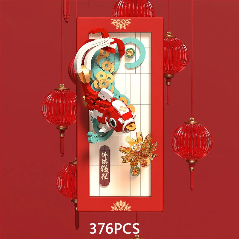 Creative China New Year Building Block Home Furnishings Assemble Brick Dragon Koi Carp Maroon Orange Educational Toys For Gifts