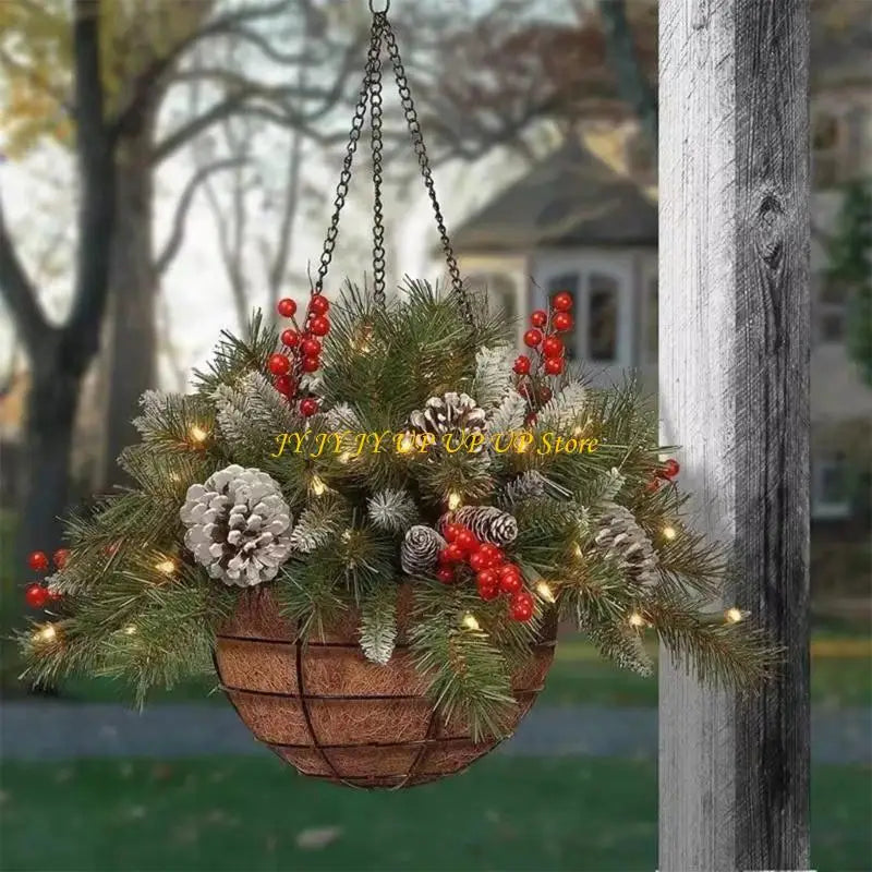 Pre-Lit Artificial Christmas Hanging Basket, Outdoor Decoration with Pine Red Berries Pinecones, Festive Hanging Planter with