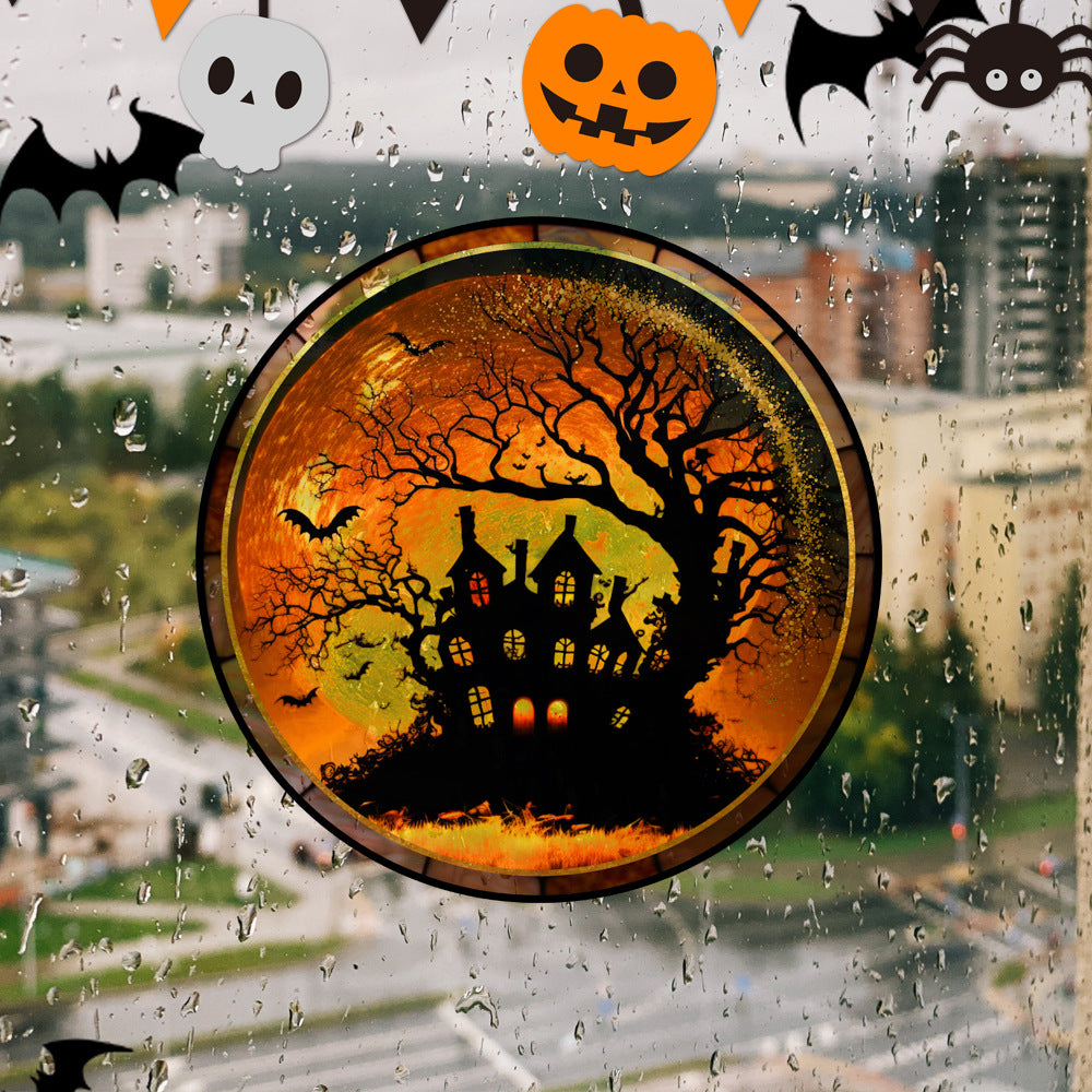 Halloween PVC Static Glass Stickers Scary Castle Cat Glass Stickers Non Adhesive Removable Party Home Decorations