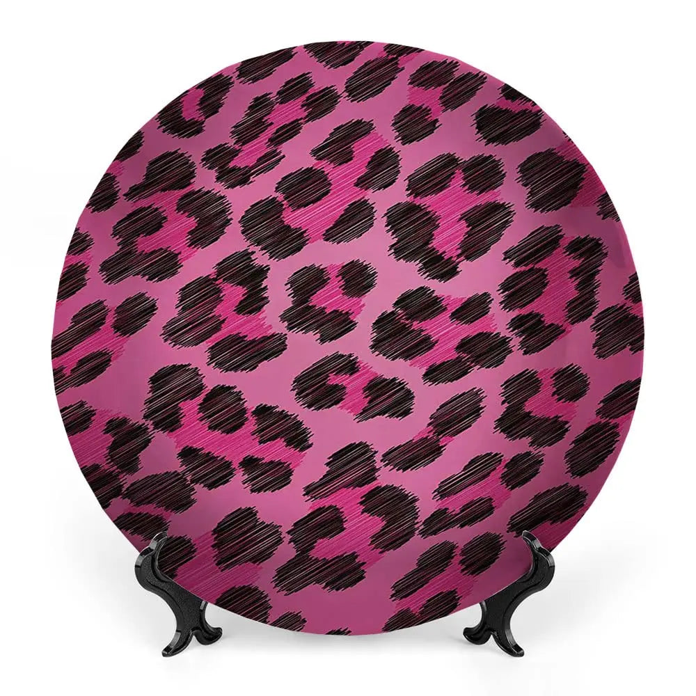Leopard Print Porcelain Plate, African Pattern Print Ceramic Wall Hanging Decor Accessory for Dining Table Tabletop Home Decor