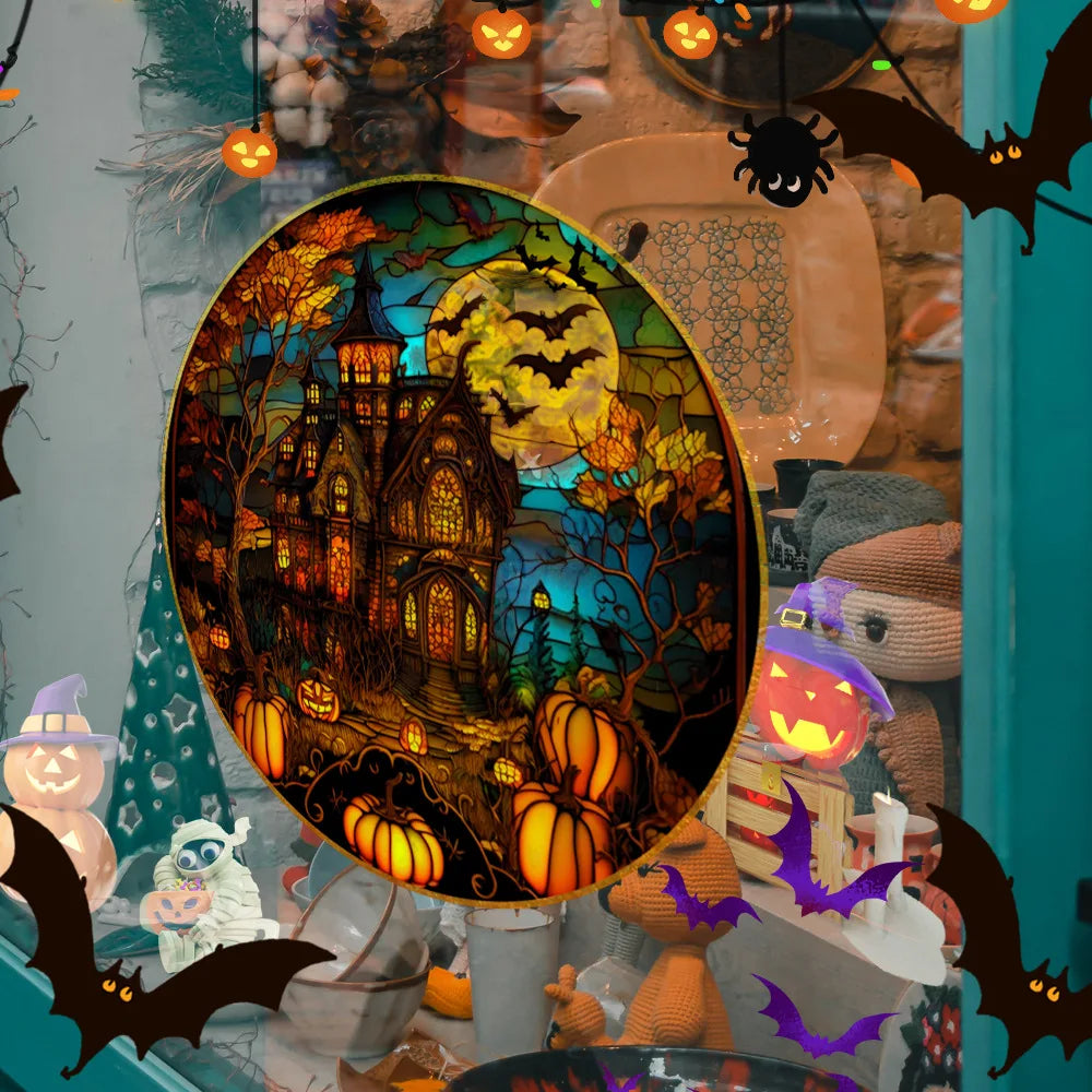 Halloween PVC Static Glass Stickers Scary Castle Cat Glass Stickers Non Adhesive Removable Party Home Decorations