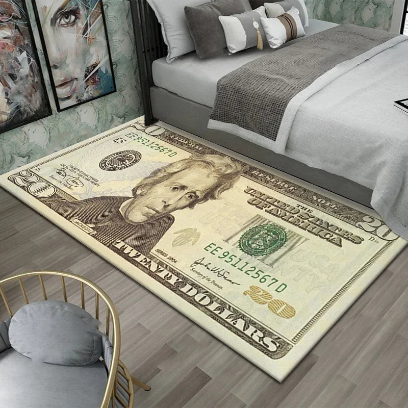 VIKAMA Creative Dollar Printed Carpet Anti-Slip Bedroom Side Rug Easy to Clean Game Room Dormitory Floor Mat Home Decoration