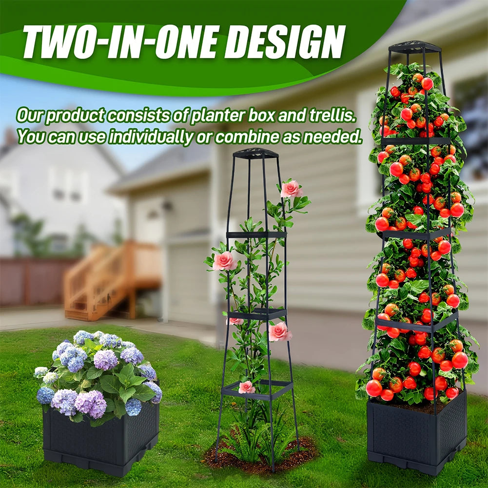 4 Tier Planter Stake Tower with Trellis Garden Planter Box Plant Pot Raised Garden Bed for Climbing Plant Vegetables Fruit Flowe