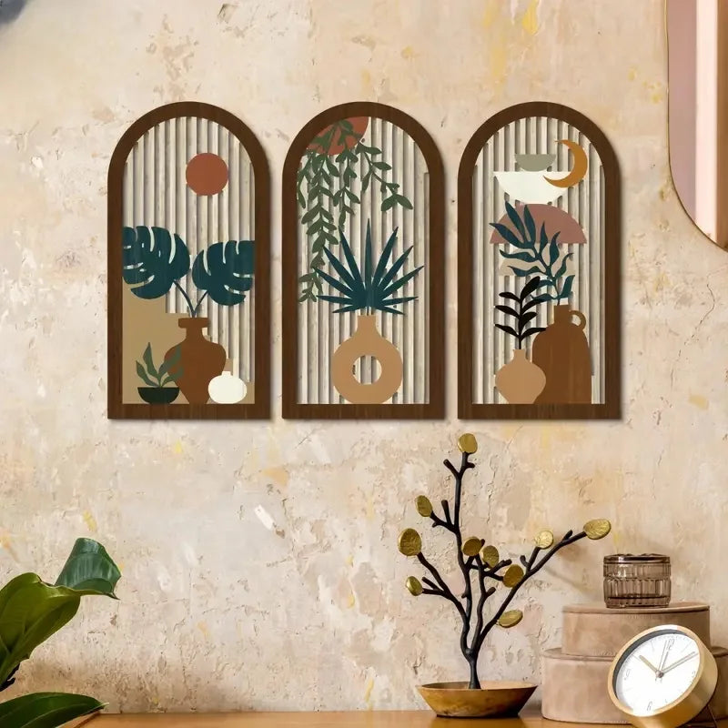 3pcs Wooden Wall Art Boho Modern Decor Hollow Crafted with Vases Plants & Banana Leaves for Home Office