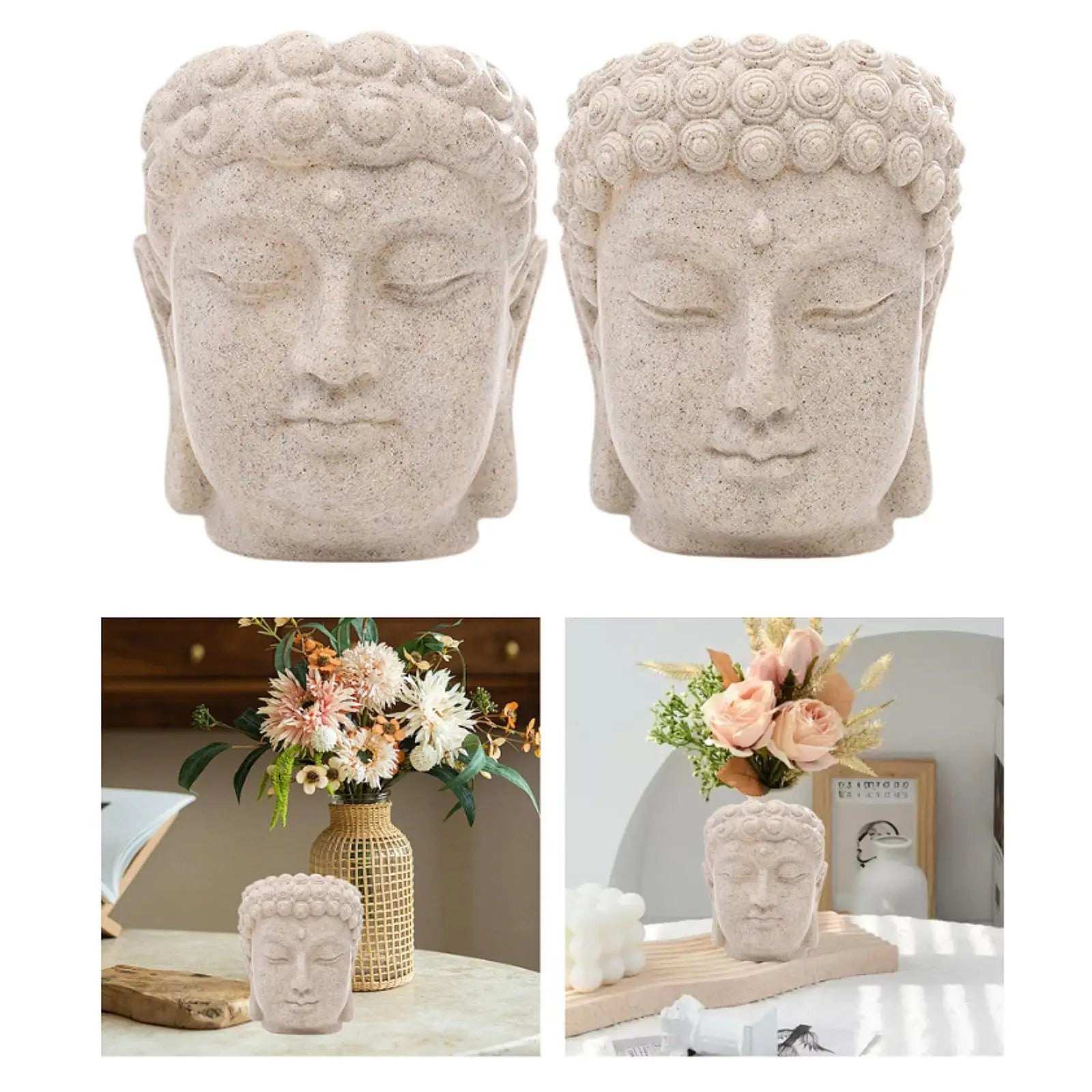 Buddha Head Figurine Flower Pot Plant Container Resin Desktop Ornament Planter for Patio Desk Shelf Indoor Outdoor Home Decor