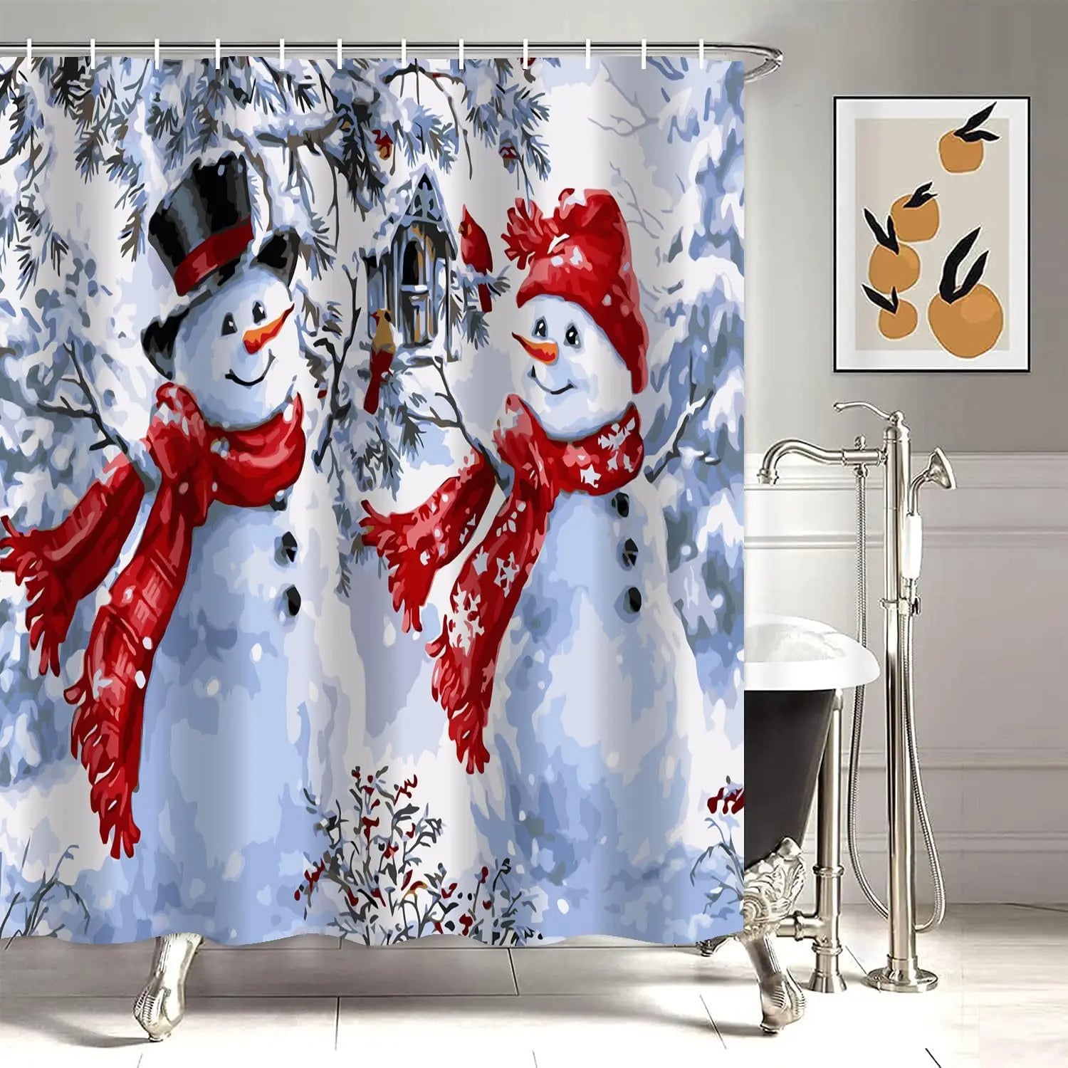 Christmas SnowmanprintingLinenShowerCurtainWaterproofBathCurtainsForBathroomBathtubLargeBathingCoverwithHooks