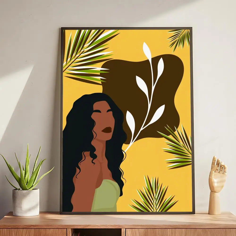 Abstract african woman flower leaves Poster Modern and Elegant Wall Stickers for Home Decor Living Room Dormitory Wall Art