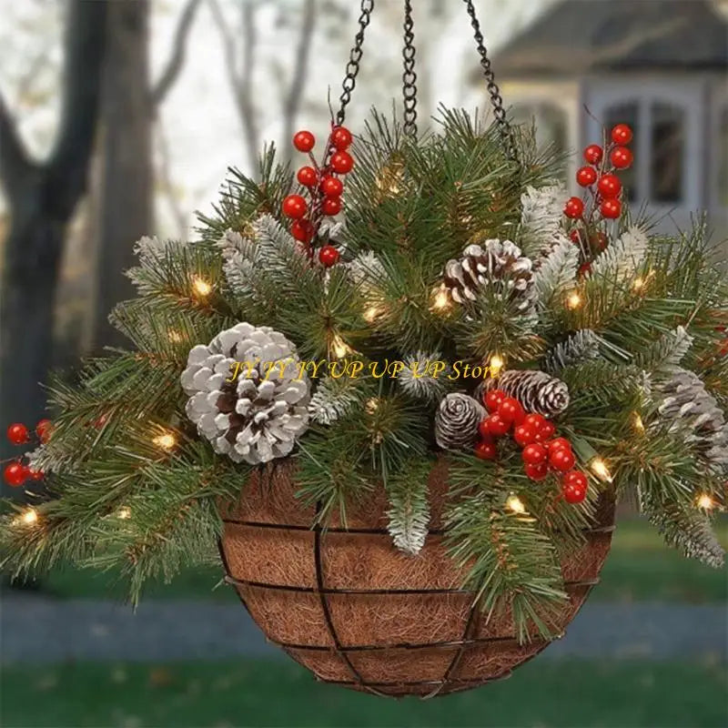 Pre-Lit Artificial Christmas Hanging Basket, Outdoor Decoration with Pine Red Berries Pinecones, Festive Hanging Planter with
