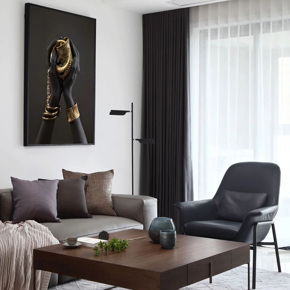 African Woman Home Background Wall Art Canvas Painting Gold And Silver Jewelry In Hand Poster Prints Pictures Room Decor Murals