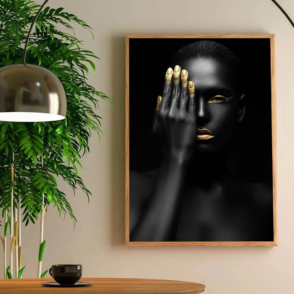 1PC Modern Black Gold African Woman Portrait Poster Paper Print Home Living Room Bedroom Entrance Bar Restaurant Cafe Art