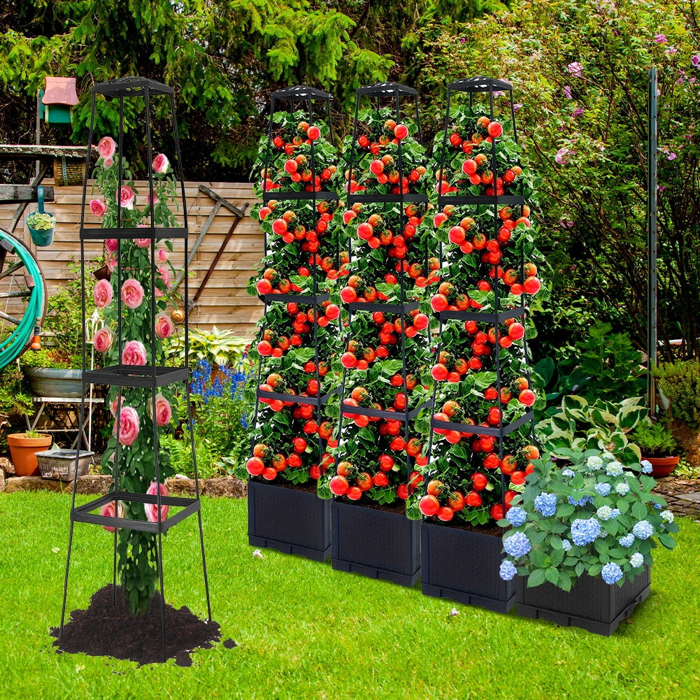 4 Tier Planter Stake Tower with Trellis Garden Planter Box Plant Pot Raised Garden Bed for Climbing Plant Vegetables Fruit Flowe