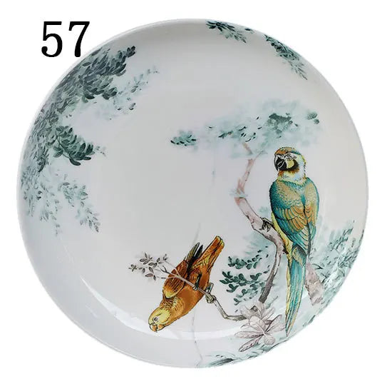 Eastern Horse Decorative Plate Plant Bird Parrot Illustration Dish Round Ceramic Tray for Home Decoration Luxury Porcelain Craft