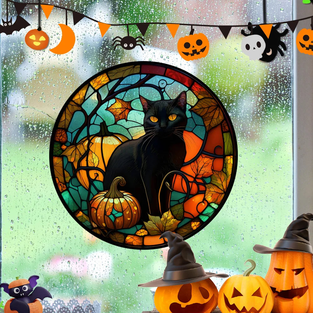 Halloween PVC Static Glass Stickers Scary Castle Cat Glass Stickers Non Adhesive Removable Party Home Decorations