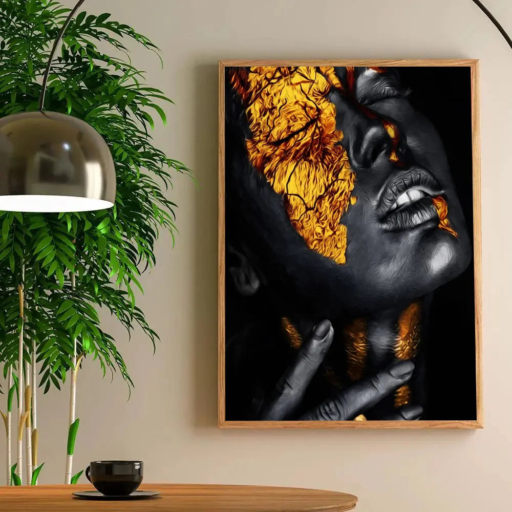 1PC Modern Black Gold African Woman Portrait Poster Paper Print Home Living Room Bedroom Entrance Bar Restaurant Cafe Art