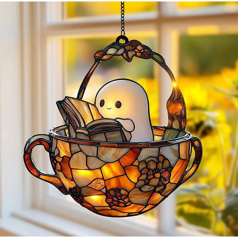 Halloween Ghost Reading Book Hanging Decor Acrylic Window Hanging Ornament Garden Decoration Props Halloween Party Decoration