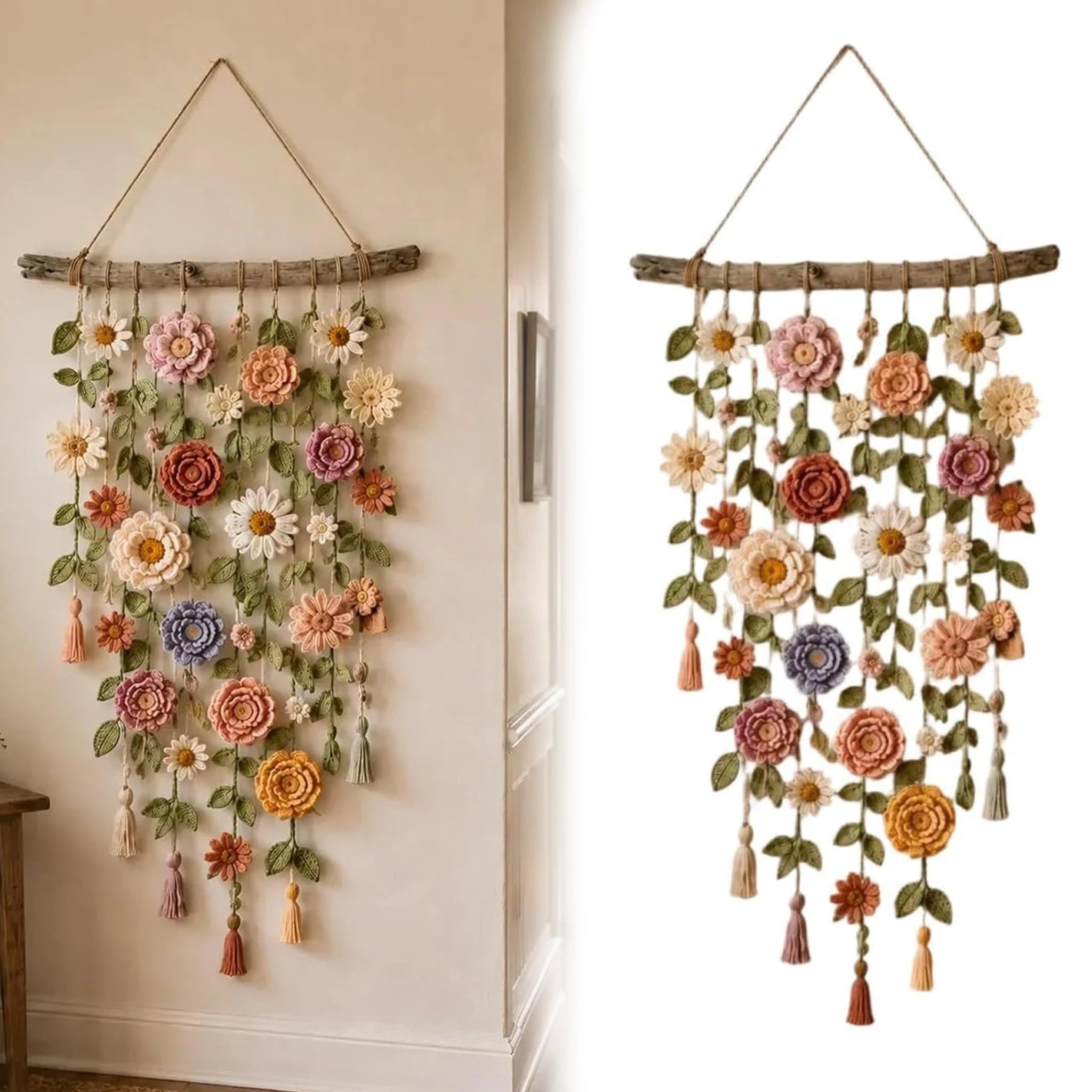 Boho Handmade Cotton Floral Crochet Macrame Hanging Decoration for Wall Indoors Or Porch Natural Linen Look Mellow Ambiance