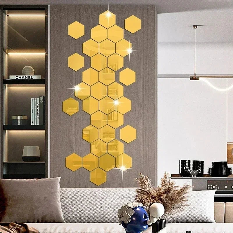 Hexagon Acrylic Mirror Wall Sticker Acrylic Adhesive Gold Silver Mosaic Tiles Removable DIY Bedroom Bathroom (5pcs)