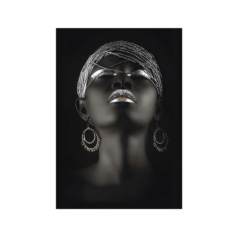 African Woman Home Background Wall Art Canvas Painting Gold And Silver Jewelry In Hand Poster Prints Pictures Room Decor Murals