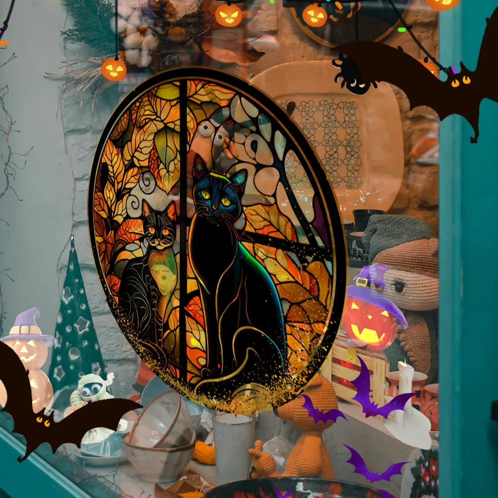 Halloween PVC Static Glass Stickers Scary Castle Cat Glass Stickers Non Adhesive Removable Party Home Decorations