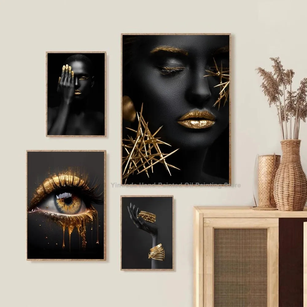 1PC Modern Black Gold African Woman Portrait Poster Paper Print Home Living Room Bedroom Entrance Bar Restaurant Cafe Art