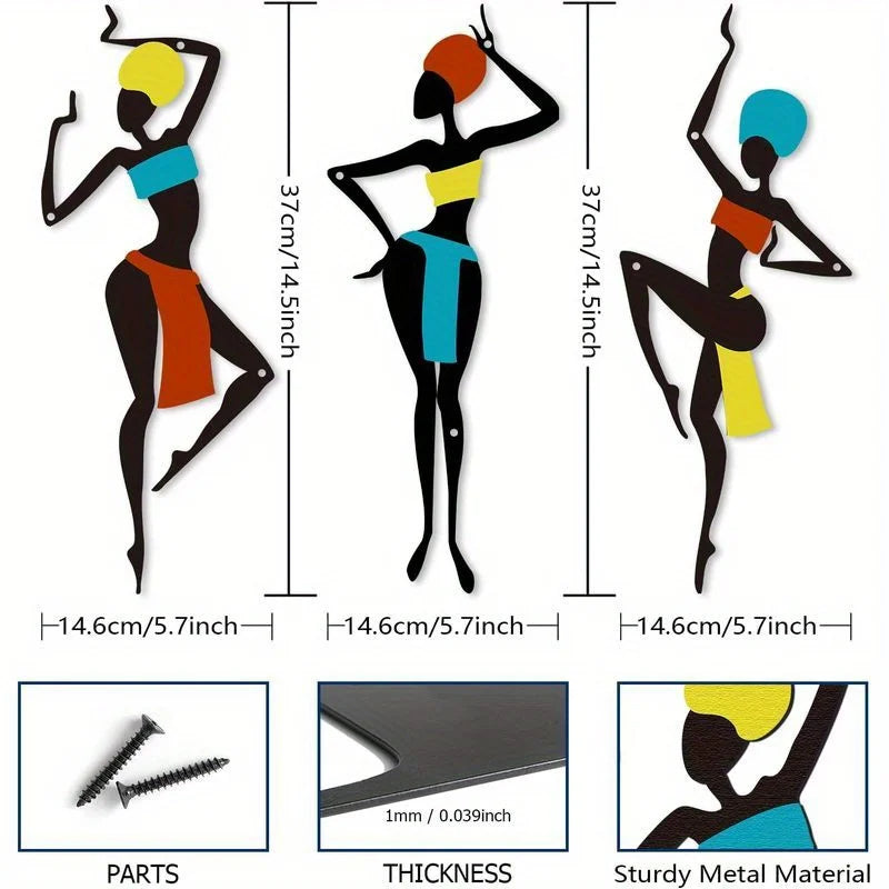 3 Pieces of African Metal Wall Art - Ethnic Dance Style Silhouette Art, Maximalist Hanging Decoration, Unique Wall Sculpture Gift, Geometric Patterns, Iron Material, Horizontal Orientation, Suitable for Living Room, Christmas