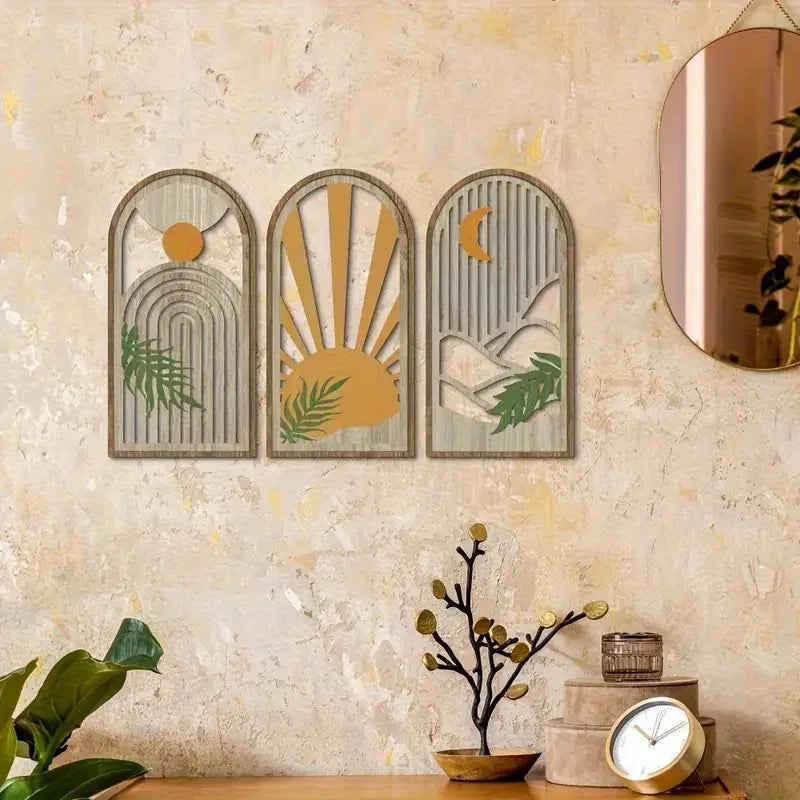 3pcs Wooden Wall Art Boho Modern Decor Hollow Crafted with Vases Plants & Banana Leaves for Home Office
