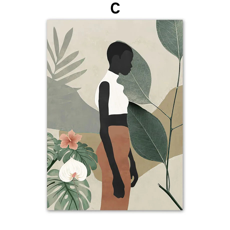 African Woman Abstract Leaves Wall Art Canvas Painting Nordic Black Girl Posters And Prints Pictures For Living Room Home Decor