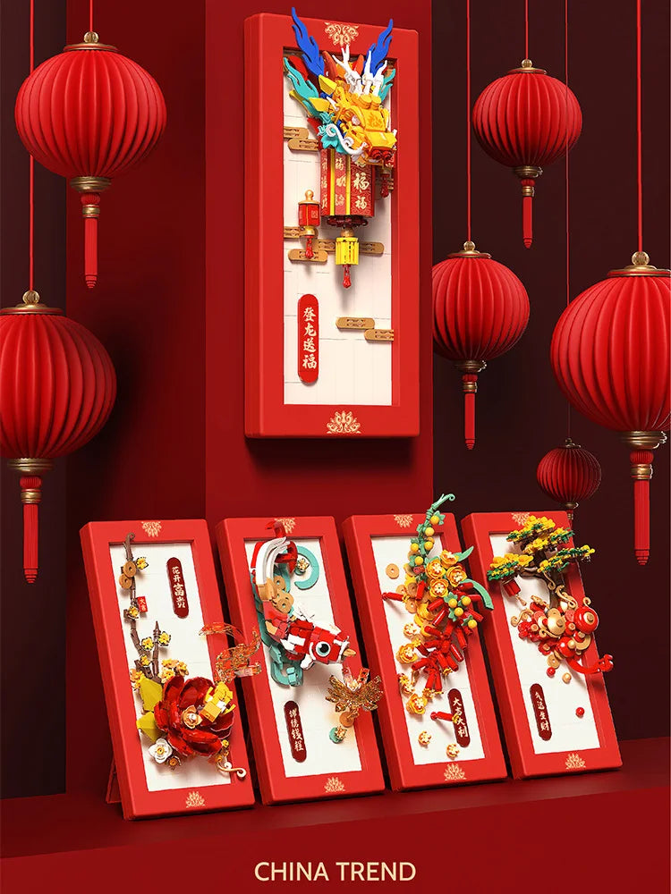 Creative China New Year Building Block Home Furnishings Assemble Brick Dragon Koi Carp Maroon Orange Educational Toys For Gifts