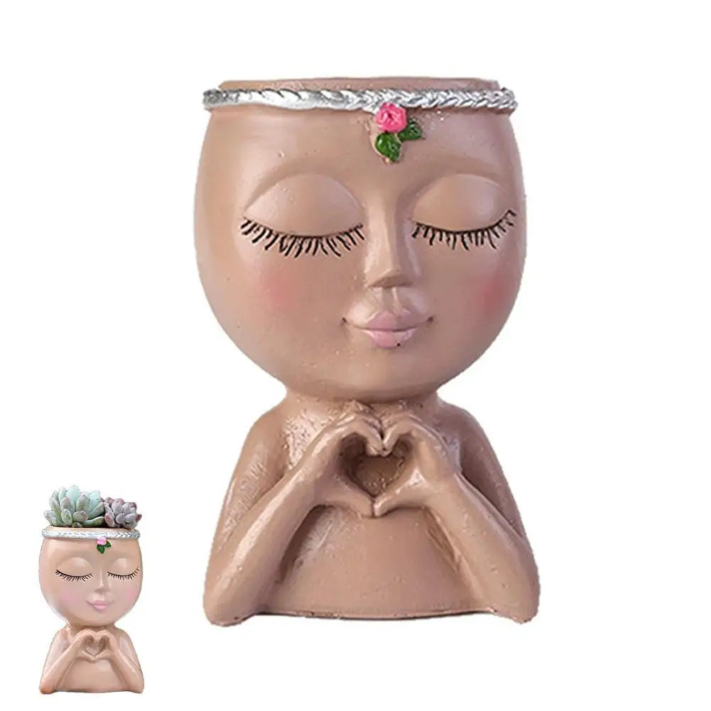 Creativity Flower Pot Resin Girl Face Planter With Drainage Hole Cute Unique Desktop Succulent Planter For Indoor Outdoor Decor