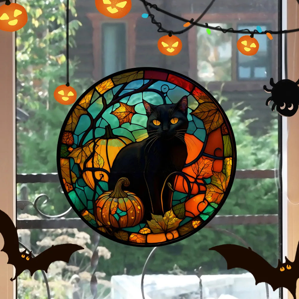 Halloween PVC Static Glass Stickers Scary Castle Cat Glass Stickers Non Adhesive Removable Party Home Decorations