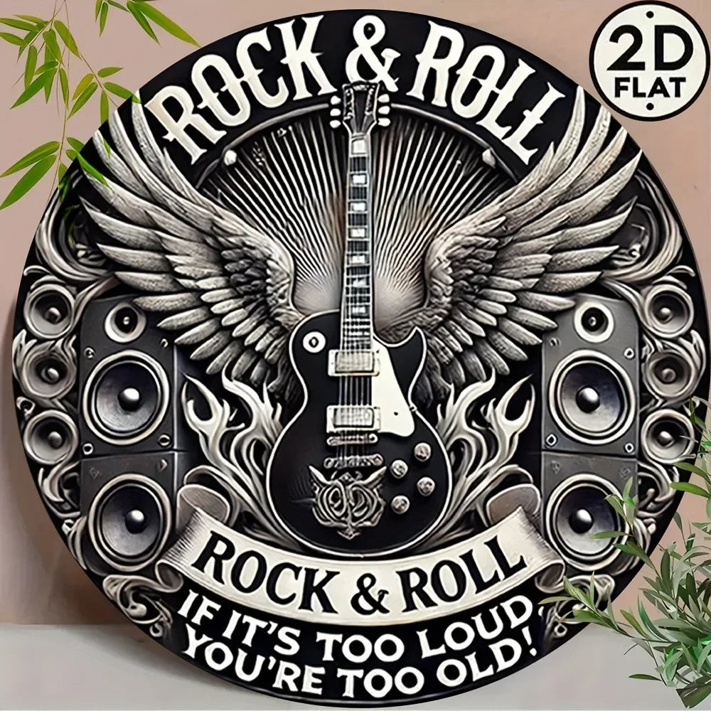 Round 2D Flat Vintage Metal Sign - Rock & Roll Guitar Band Design in Black with Wings Headphones - Perfect for Home Bar Cafe