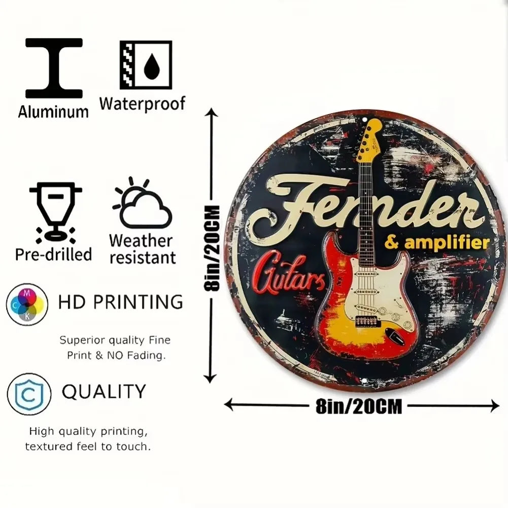 Round 2D Flat Vintage Metal Sign - Rock & Roll Guitar Band Design in Black with Wings Headphones - Perfect for Home Bar Cafe