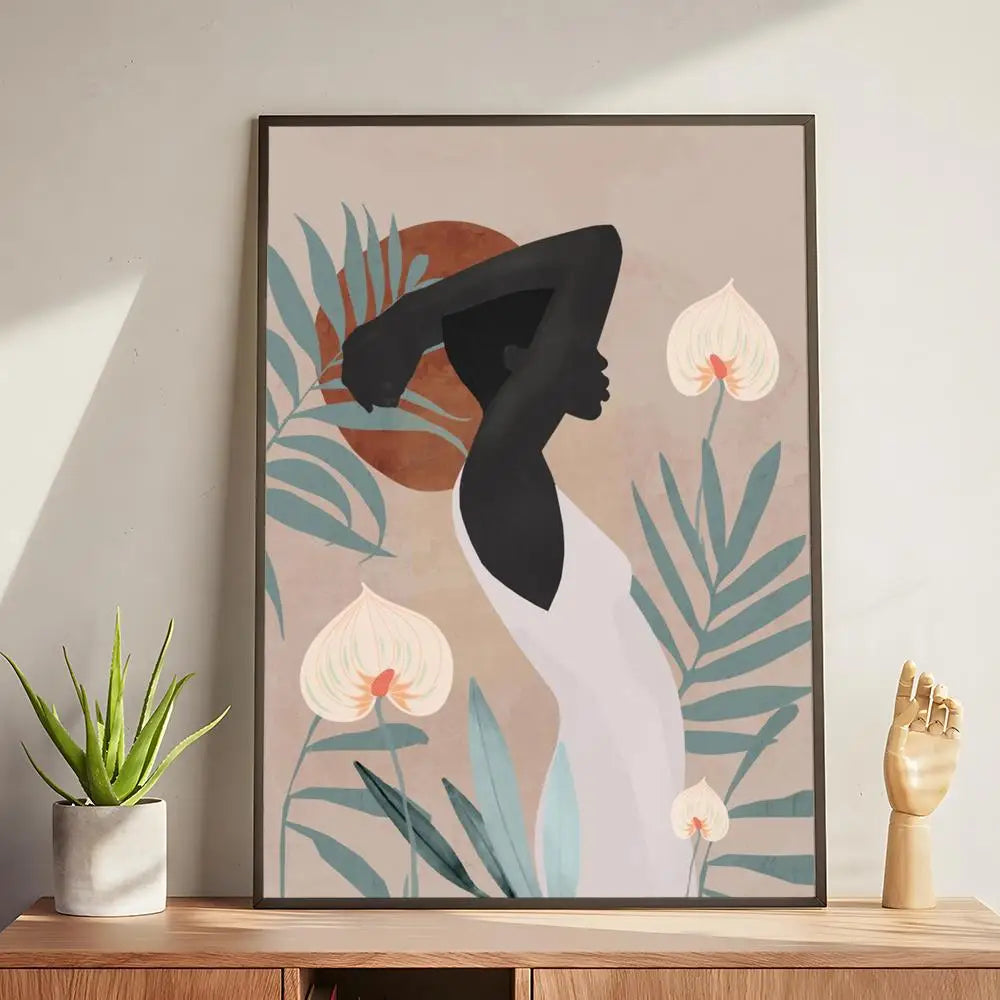 Abstract african woman flower leaves Poster Modern and Elegant Wall Stickers for Home Decor Living Room Dormitory Wall Art