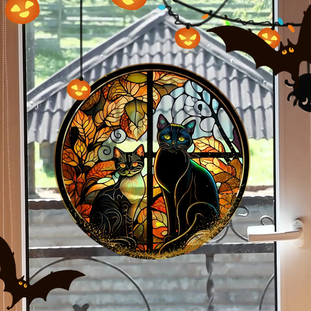 Halloween PVC Static Glass Stickers Scary Castle Cat Glass Stickers Non Adhesive Removable Party Home Decorations