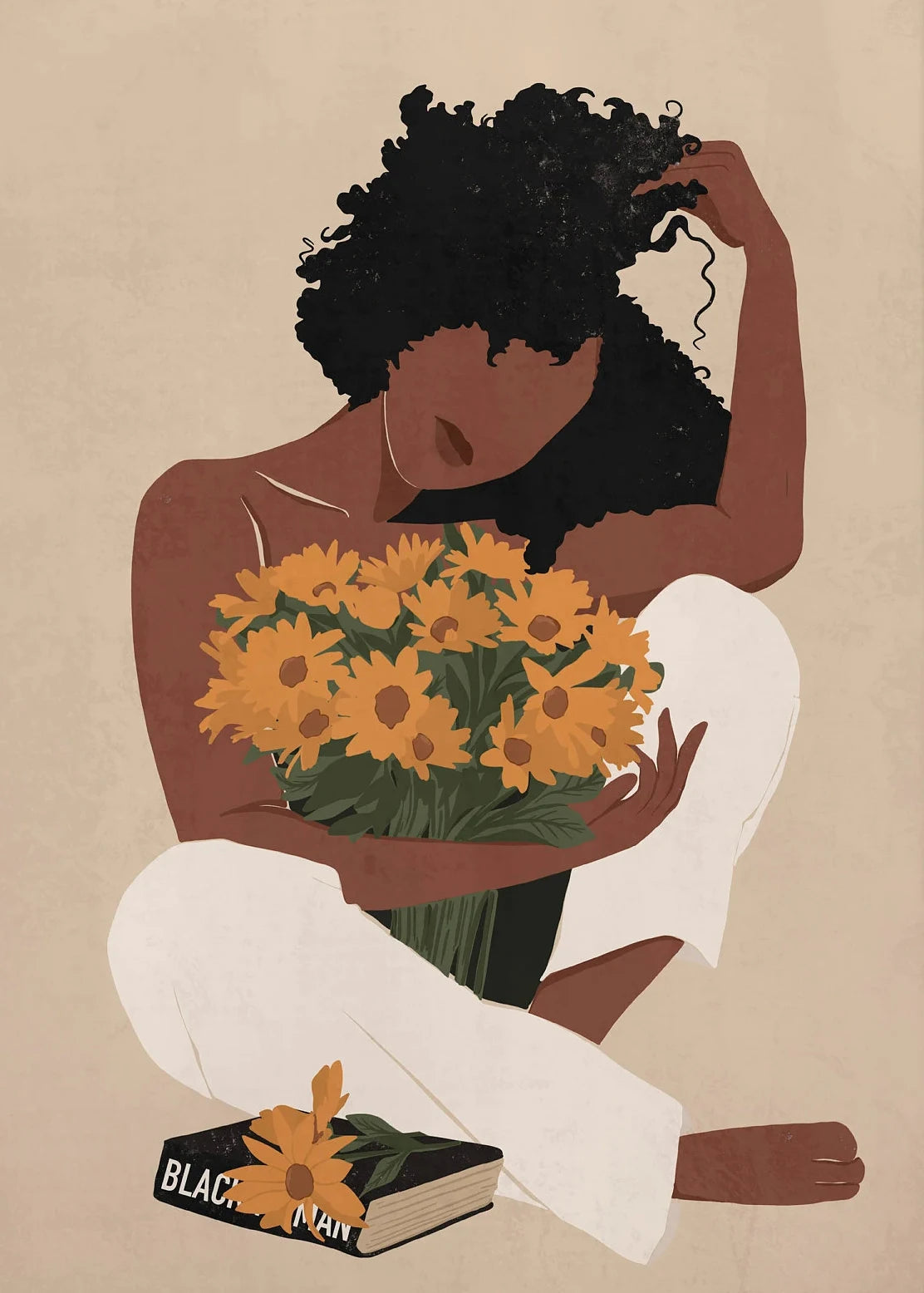 African Woman Flower Head Black Canvas Wall Art Books and Yoga Pictures Home Living Room Decor Boho Artwork Fashion Print Poster