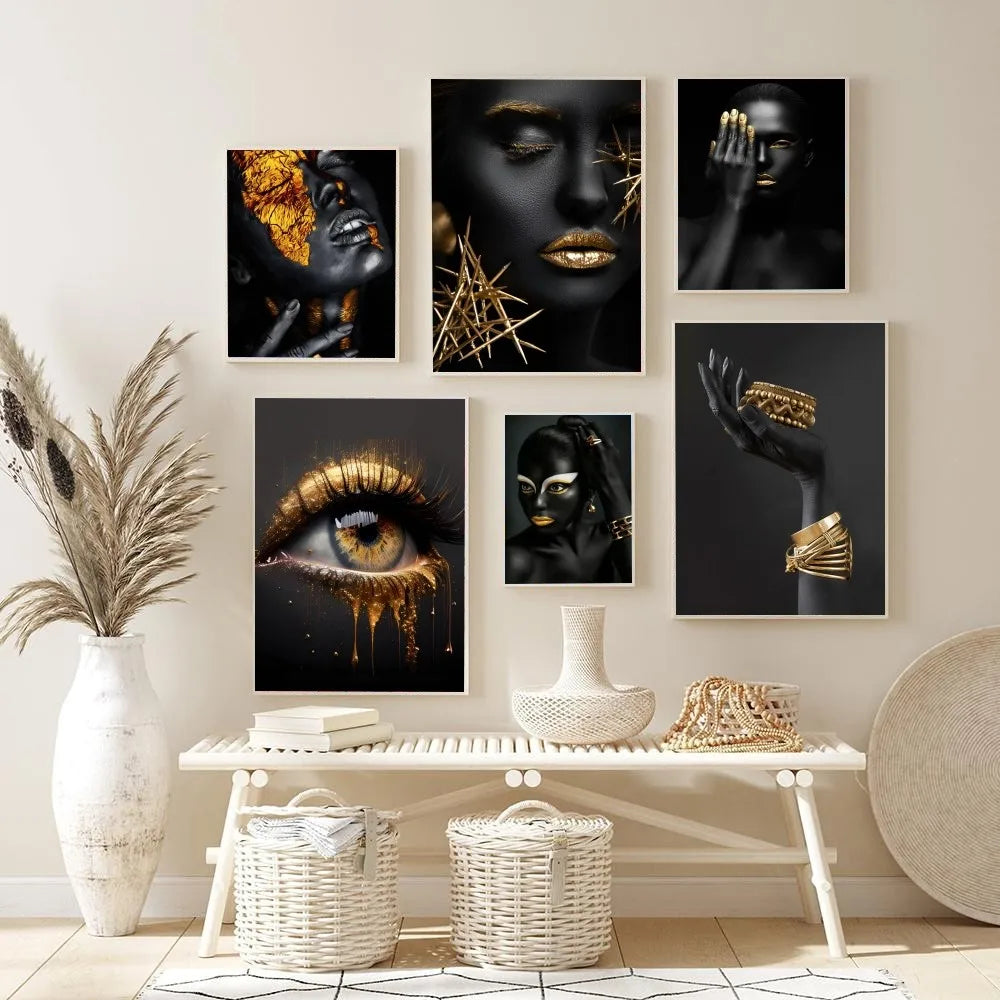 1PC Modern Black Gold African Woman Portrait Poster Paper Print Home Living Room Bedroom Entrance Bar Restaurant Cafe Art