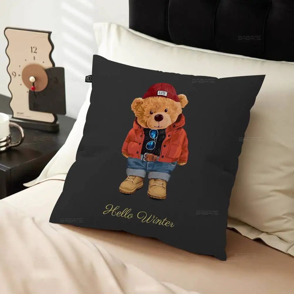 Cute Teddy Bear Happy Pillow Gifts Home Office Furnishings Bedroom Sofa Car Cushion Cover Case 45x45cm