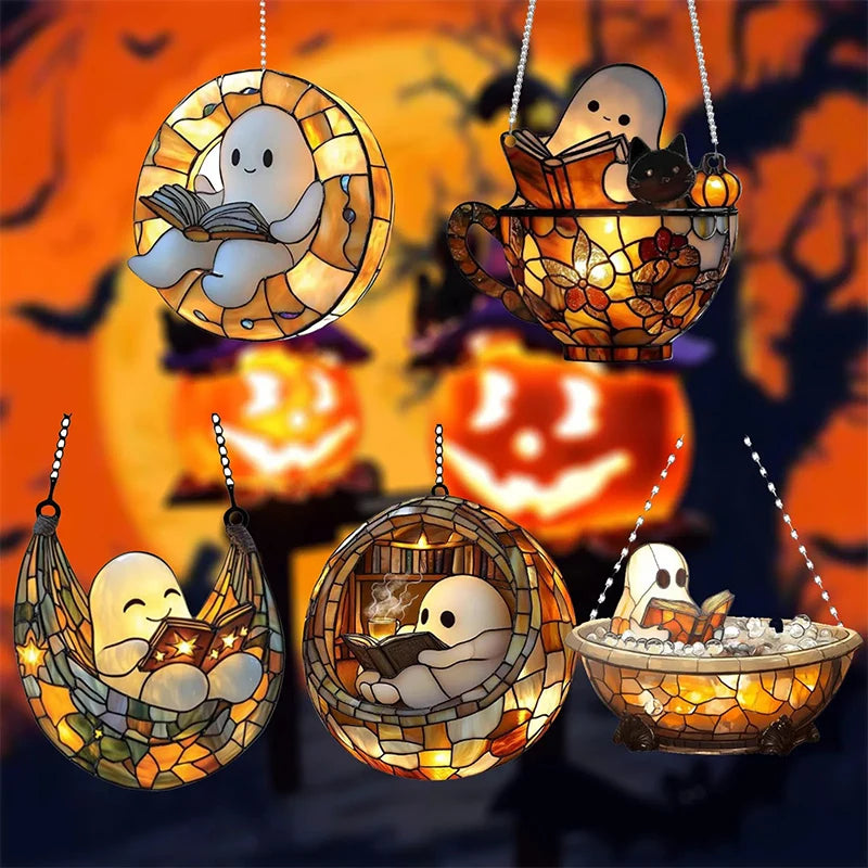 Halloween Ghost Reading Book Hanging Decor Acrylic Window Hanging Ornament Garden Decoration Props Halloween Party Decoration